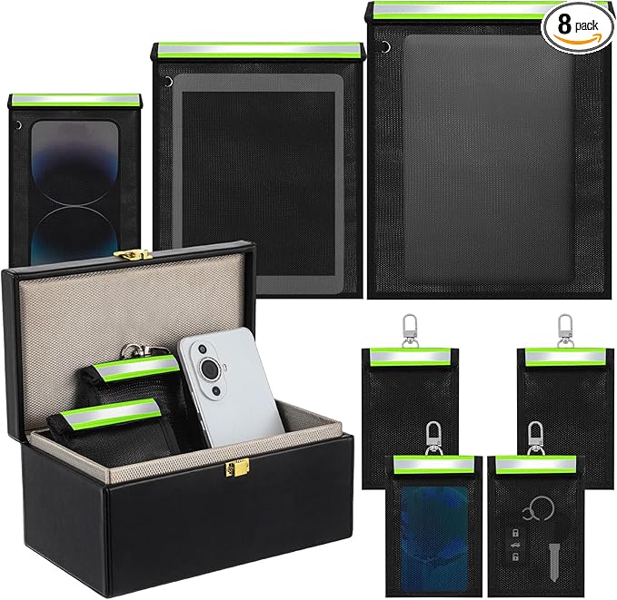 8 Pack 1 Pcs Large Faraday Box with 7 Pcs Faraday Bags(L, M and S) for Car Keys, Laptops, Tablets, Phones, Fireproof and Waterproof Key Protector for Car Security (Green)