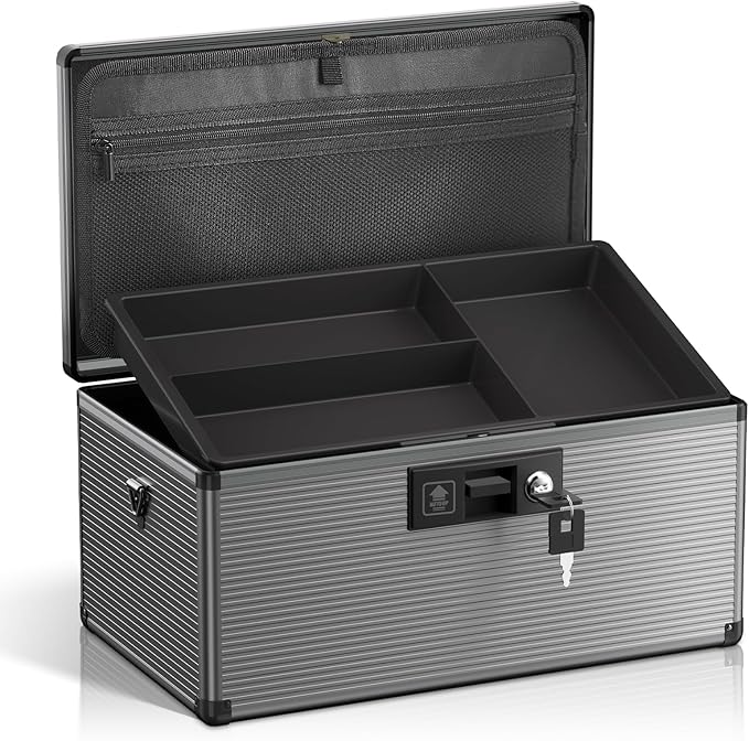 Medicine Lock Box with Key, Alluminum Alloy Box for Medication,First Aid Box with a Removeable Tray to Store Medicines & Pills for Home, Black,16 * 9.25 * 7.48 Inch