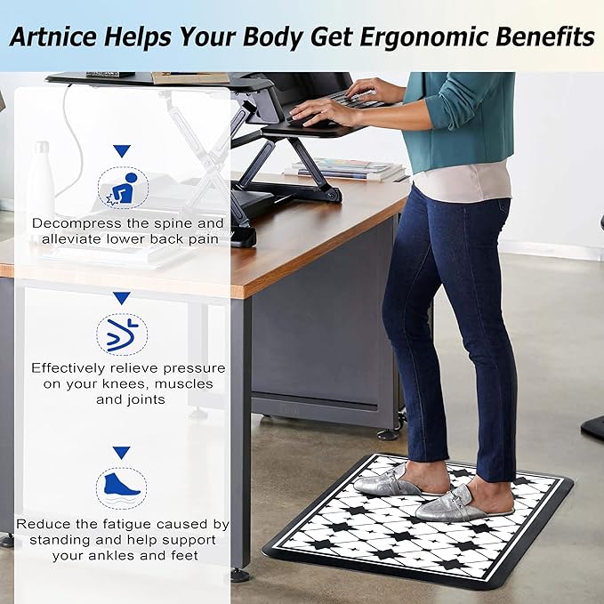 Artnice Kitchen Mat 2 PCS, Black White Plaid Cushioned Anti-Fatigue Kitchen Rug, Waterproof Non-Slip Kitchen Mats and Rugs, Heavy Duty Ergonomic Comfort Rug for Kitchen, Floor, Office, Sink