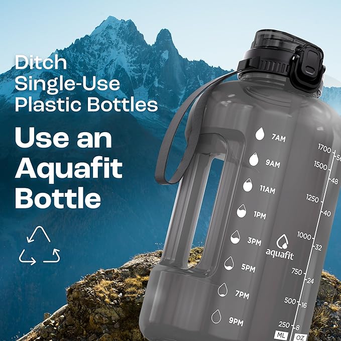 AQUAFIT Half Gallon Water Bottle with Time Marker - Straw & Chug Lid - BPA Free Gym Water Bottle with Straw - Big Gallon Jug (Aqua, 64 oz - 2in1 Lid)