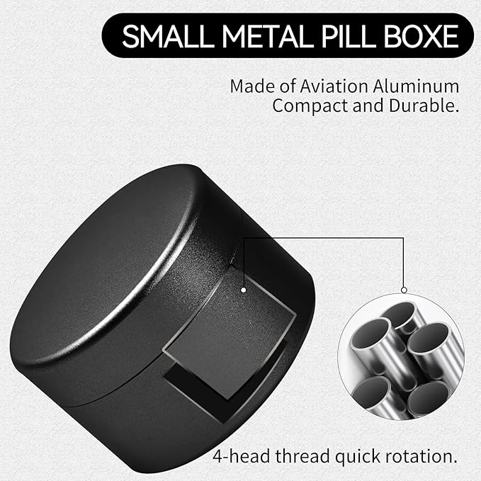 Small Daily Pill Box - Portable Waterproof Metal Pill Case for Pocket or Purse Aluminium Alloy Round Travel Pill Container Storage Container 2 Pieces (Black Grey)
