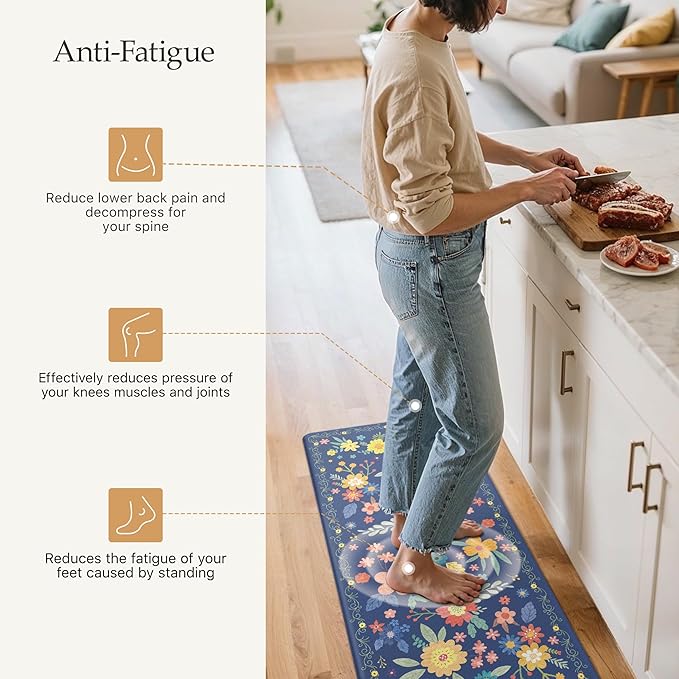 GENIMO Kitchen Mats for Floor 2PCS, Cushioned Kitchen Rugs Non Slip Washable, Farmhouse Anti Fatigue Mat Waterproof, Comfort Standing Mat Rug for Office, Home, Laundry, 17.3"x47"+17.3"x30", Navy