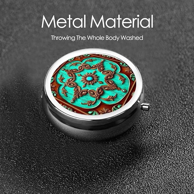 Small Pocket Pill Case, Daily Single Pill Box Organizer Portable for Purse Travel, One Day Mini Pill Container for Pills Vitamin Fish Oil Supplements (Rustic Brown Teal Western Country Tooled Leather)