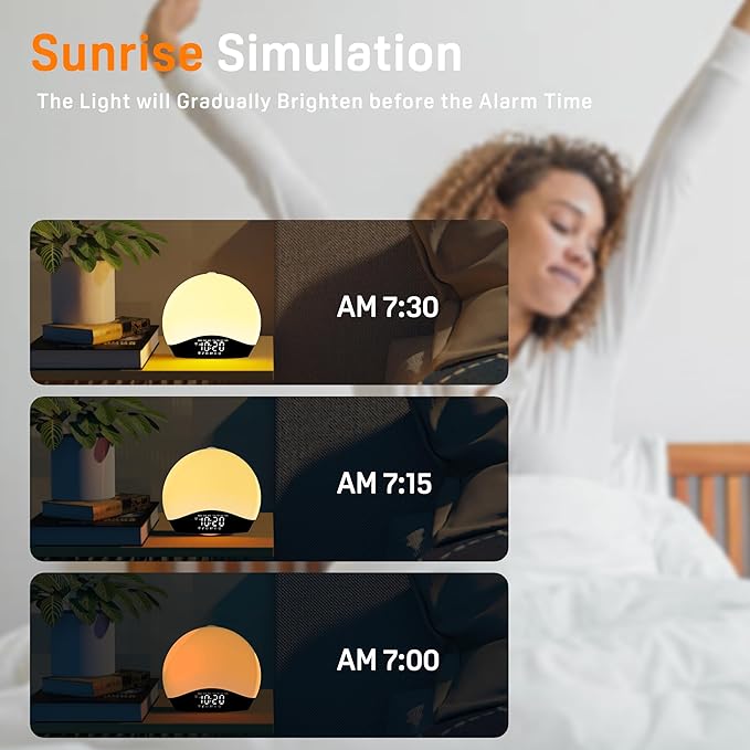 Sunrise Alarm Clock White Noise Sound Machine with 25 Soothing Sounds, 17 Night Lights, Bluetooth Speaker, Wake Up Light Alarm Clock for Bedrooms, Heavy Sleepers, Ideal Gift for Baby, Kids, Seniors