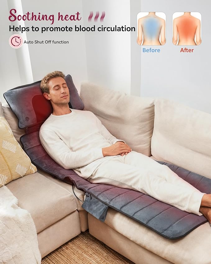 Full Body Massage Mat with Heat, Independent Shiatsu Neck Massager Pillow, 10 Vibration Motors, 5 Modes & 3 Intensities, Foldable Back Massage Pad with 15-Min Auto Off for Home & Office