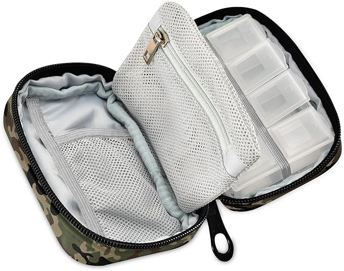Military Camo Pill Box 7 Day Pill Case Travel Pill Organizer Bag with Zipper Portable Weekly Case Compact Size for Vitamin Supplement Holder