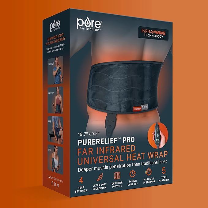 Pure Enrichment PureRelief Pro Far Infrared Universal Heat Wrap - Deep Muscle Relief for Back, Neck, Shoulder, & Knee Pain in Athletes, 4 Heat Settings, Dry/Moist Heat, Lumbar Heating Pad (Iron Gray)