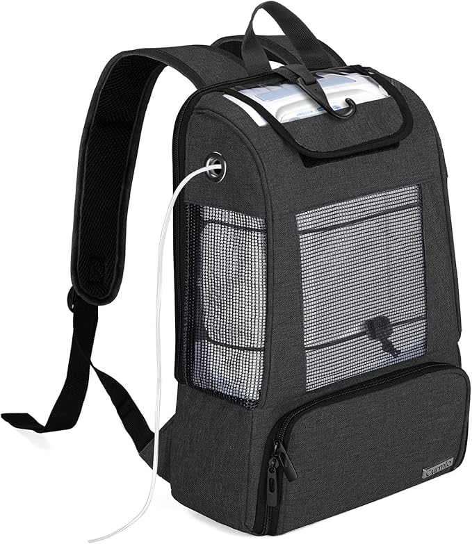 CURMIO Portable Oxygen Concentrators Backpack, POC Travel Carrying Bag with Mesh Panels for Breathability, Compatible for Inogen, Oxygo, Caire Units, Black, Bag Only