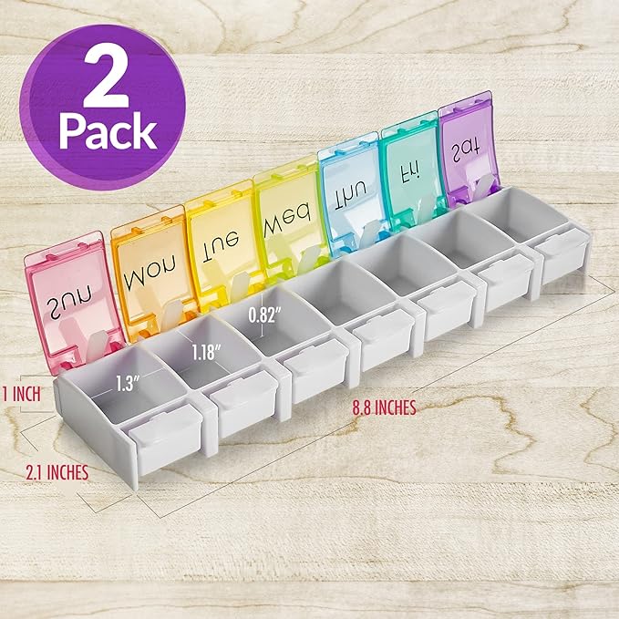 Weekly Pill Organizer - (Pack of 2) Colorful 7-Day Easy Push Button Assisted Open for Arthritis and Seniors, BPA Free, Daily Travel Pill Box Case Planner for Medication Vitamins Fish Oil Supplements