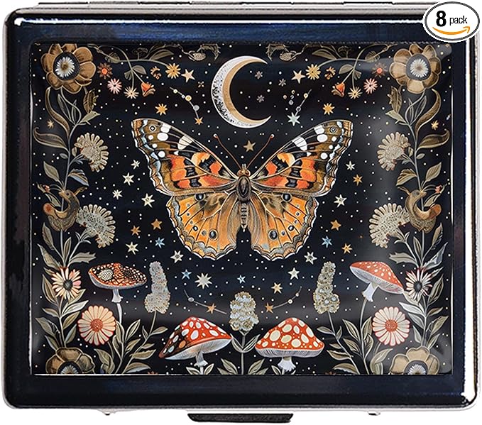 Silver Vintage Pill Box 7 Day Metal Pill Box with Mirror and 8 Compartments Cute Travel Pill Organizer for Purse (Butterflies Under The Moon)