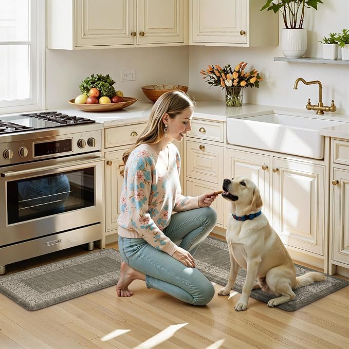 LEEVAN Green Kitchen Mats for Floor Sets of 2,Anti Fatigue Cushioned Memory Foam Kitchen Mat,Farmhouse Ergonomic Boho Non Slip Kitchen Floor Mat for Sink,Laundry,Home,Office,Desk(17''x29''+17''x47'')