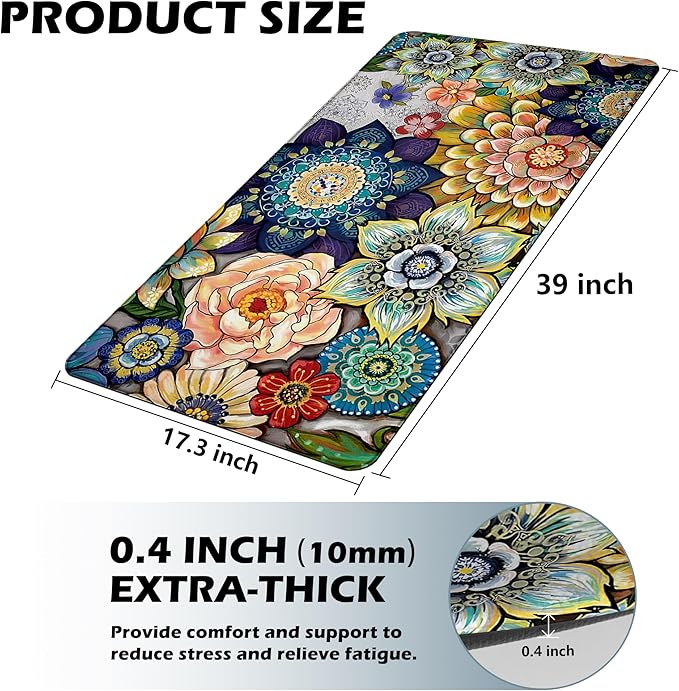 Floral Kitchen Rug Mat for Floor Boho Cushioned Anti-Fatigue Mat Non-Slip Standing Desk Waterproof Comfort Floor Mat for Sink, Office, Laundry, 17.3x39 Inch