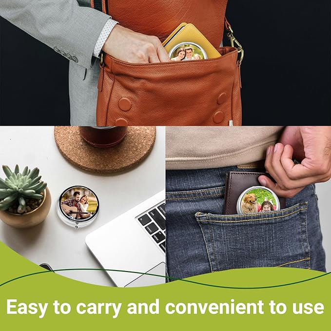 Custom Pill Box Organizer Travel With Photo,Logo,Text Personalized Metal Medicine Pill Case Waterproof Tablet Vitamin Holder Organizer for Purse Pocket Travel Gifts with Mirror&Key Rings 3 Compartment