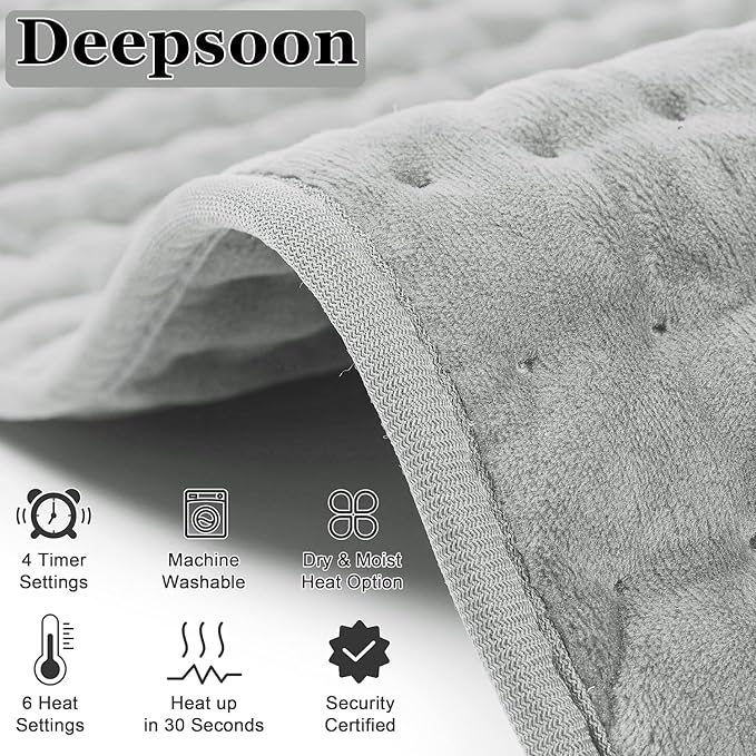 Deepsoon Heating Pad,Electric Heating Pads for Back,Neck,Abdomen,Moist Heating Pad for Shoulder,Knee,Arms,Legs,Dry/Moist Heat & Auto Shut Off,Christmas Gifts for Men and Women,Light Gray,24x12 Inch
