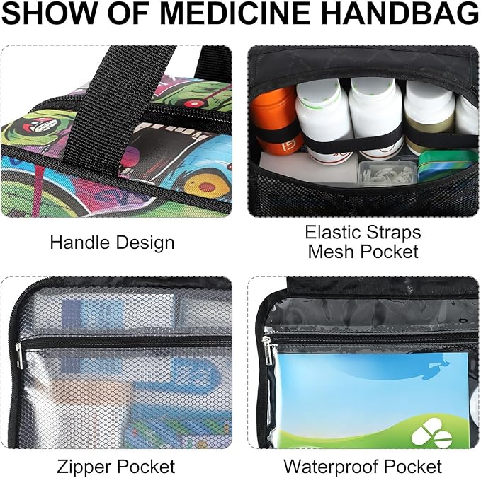 Fustylead Graffiti Art Zombie Green Scary Walking Dead Pill Organizer Bag Large Medicine Travel Carrying Case with Zipper for Vitamin Supplements Fish Oil, Empty First Aid Kit for Hiking Camping