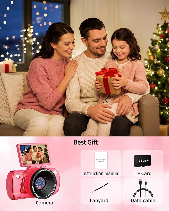 4K Digital Camera for Photography Autofocus,64MP WiFi Vlogging Camera with 3” 180° Flip Screen for YouTube,18X Zoom Travel Camera for Beginners,32GB Card & Rechargeable Battery (Pink)