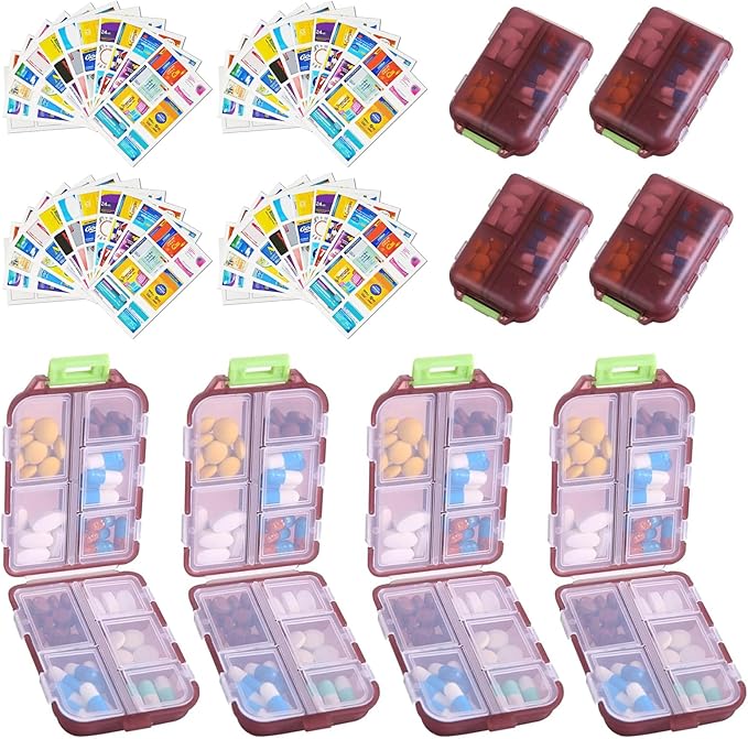 4PCS 7-Day Pill Organizer with Labels – Compact Daily Medication Case | Travel-Sized (3.7" x 2.4") Secure Lock | AM/PM Compartments | Includes 300+ Common Medicines Vitamins Health Product Sticker