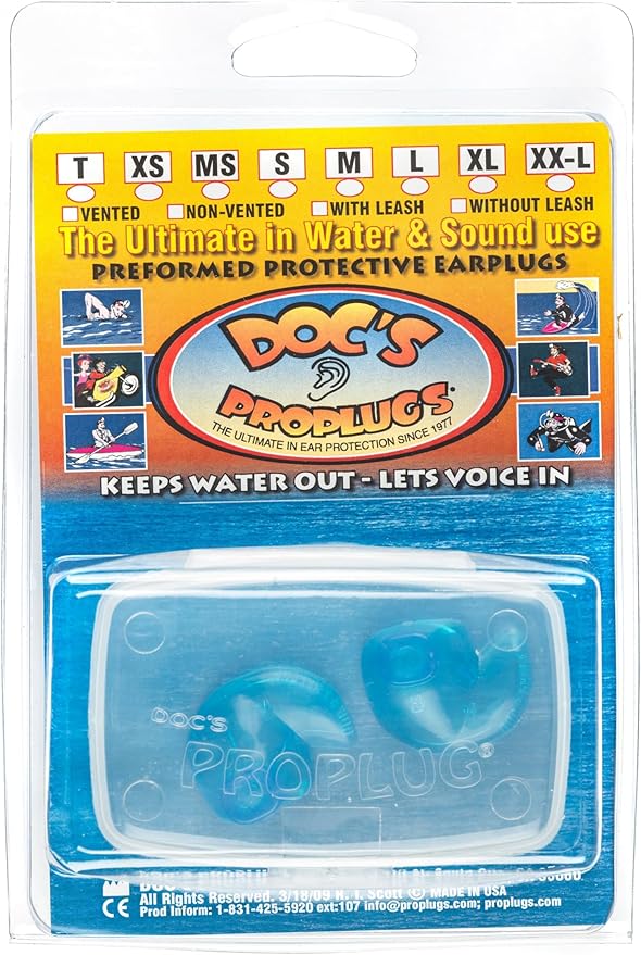 Small – Non-Vented Doc’s Proplugs – Blue – Non-LEASHED – Reusable Earplugs for Swimming, Bathing, Light Industrial Use | Blocks Water, Noise, & Irritation | Made in USA