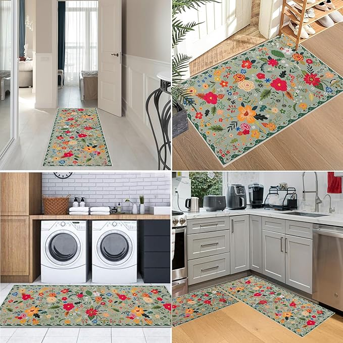 Floral Kitchen Rug Sets of 2, Boho Non Slip Washable Kitchen Mats for Floor, Spring Floral Kitchen Runner Rug for Hallway Laundry Sink 17x30 and 17x47 Inch, Green