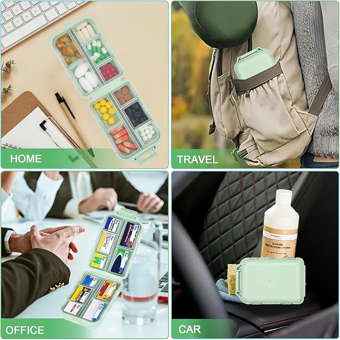 Large Travel Pill Organizer with Medicine Labels, 10 Compartments Travel Medicine Organizer Daily Pill Container Travel Pill Box Purse Pill Case (Green, 189 Lables)