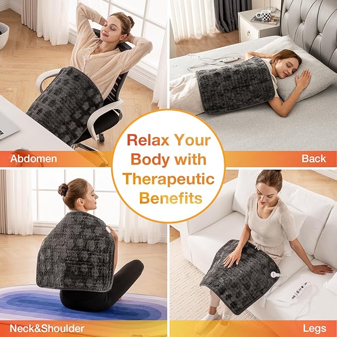 Woomer Faux Fur Electric Heating Pad for Back Pain Relief, Extra Large 20” x 24”, Extended Coverage from Neck to Hip, Two-Sided, Moist Mode, ETL Certified, 6 Adjustable Heats & 2H Auto-Off,Grey
