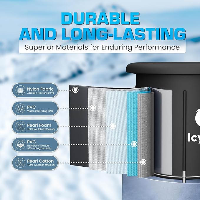XL 105GL Cold Plunge Tub for Adults, 5-Layer Insulated Inflatable Ice Bath & Recovery Tub with Pump, Thermometer, 3 Reusable Ice Packs, Inflatable Lid & Drain, Indoor/Outdoor Athlete Bundle