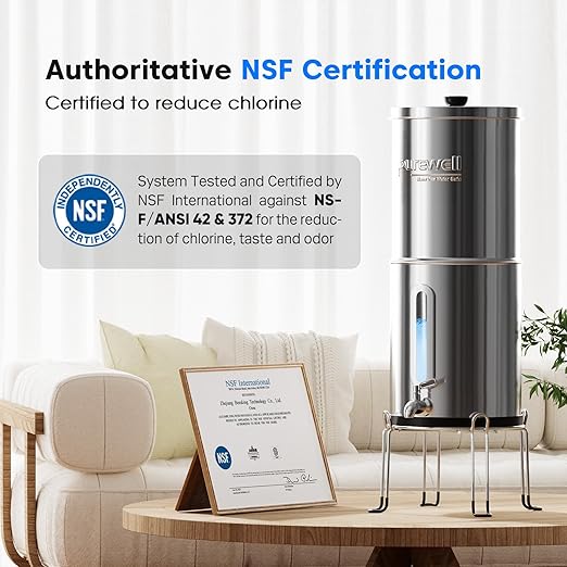Purewell 1.5G Gravity Water Filter System, 3-Stage 0.01μm Ultra-Filtration Stainless Steel Countertop System with 2 Filters and Stand, Reduce 99% Chlorine, PW-MKS