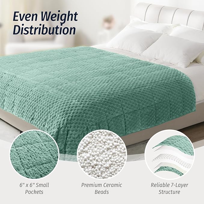 Wemore Fleece Weighted Blanket for Adults (80" x 87" 15lbs, Green), Dual Sided Cozy Soft Sherpa Heavy Blanket, 3D Imitation Turtle Shell Warm Jacquard Flannel Weighted Blankets for Couch and Bed