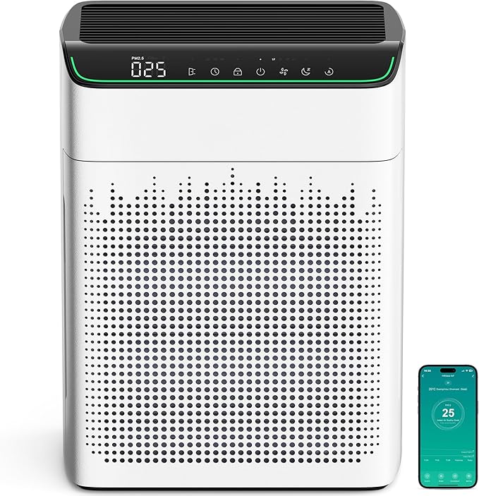 Air Purifiers for Home Large Room up to 1690 ft², HEPA Filter with PM 2.5 Monitor, WiFi and Alexa Compatible, Dual Air Intake for Smoke, Odor, Ivory