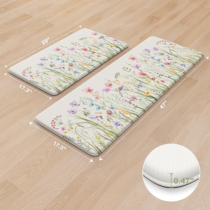 KIMODE Anti Fatigue Kitchen Mat for Floor, Farmhouse Floral Kitchen Rugs Sets of 2, Kitchen Floor Mats Non-Slip, Cushioned Standing Mat for Sink, Laundry, Desk, Home White 17"x47"+17"x29"