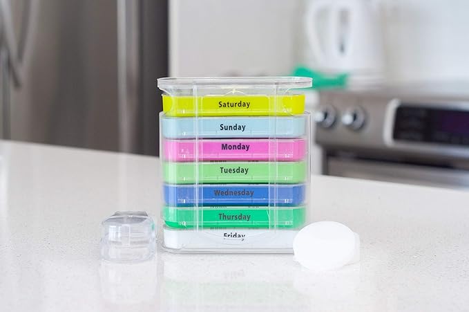 Pill Organizer Box - Weekly Case with Pill Splitter Cutter – Holder –Large Travel Medication Reminder Daily Am PM, Day Night Compartments 7 Day–Medicine Dispenser Twice, 3, 4 Times a Day