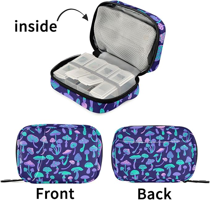 Mushroom Colorful Pill Box 7 Day Pill Case Travel Pill Organizer Bag with Zipper Portable Weekly Vitamin Medicine Supplement Holder Pouch Bag
