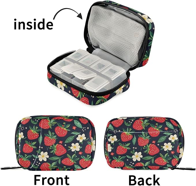 Fustylead Hand Draw Red Strawberry and Beautiful Floral Pill Organizer for Purse, Weekly Portable Pill Box with Zipper to Storage Vitamins Fish Oils Medications Supplements