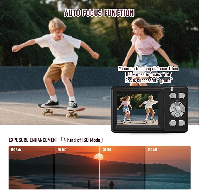 Digital Camera, 4K 48MP Autofocus Dual Screen for Selfies, 18X Zoom Fill Light, Portable Point and Shoot Camera with 32GB SD Card for Kids, Teens, Girls, Boys- Black