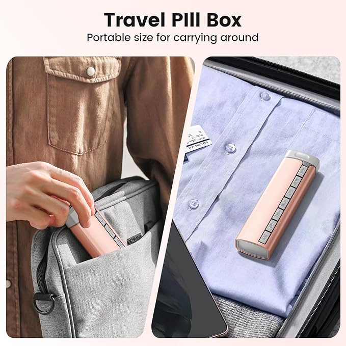 Daviky Metal Travel Pill Organizer, Premium Aluminum Pill Box 7 Day, Weekly Daily Pill Case, Stylish&Cute Pill Holder for Medicines, Supplements and Vitamins (Pink+Gray)
