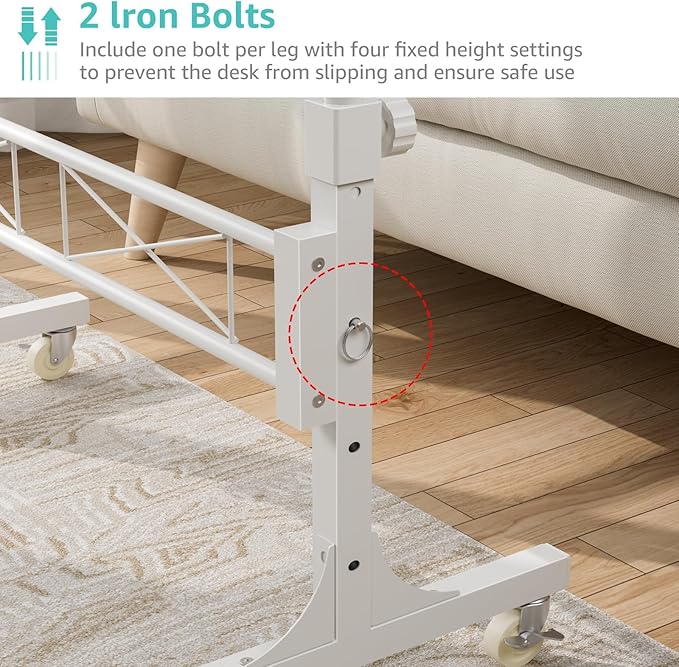 Small Portable Treadmill Walking Pad Desk on Wheels, 32 Inch White Adjustable Height Mobile Rolling Standing Teacher Desks, Couch Sofa Side Laptop Stand Up Table for Bedroom, White