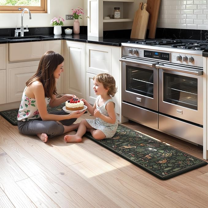 KIMODE Comfort Kitchen Mats for Floor Cushioned Anti Fatigue,Farmhouse Animal Forest Kitchen Rugs Sets of 2 Non Slip,Memory Foam Kitchen Standing Mat Laundry Sink Office Home,Black