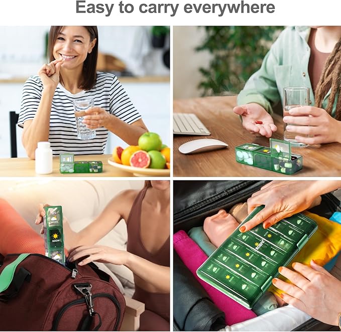 Pill Organizer 3 Times a Day, Daily Pill Box with Morning Noon Night Compartments, Portable Medicine Organizer for Travel, Work & Home (Green)