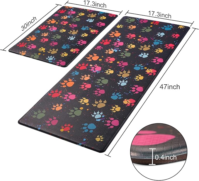 Kitchen Mats for Floor 2 Piece Kitchen Anti Fatigue Mat Cushioned Waterproof Kitchen Rugs Non Slip Comfort Standing Mat for Kitchen, Home, Office, Sink, Laundry, Colorful Paws