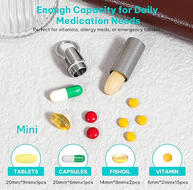 Mini Titanium Pill Box Keychain & Necklace - 100% Waterproof and Airtight, Travel Pill Holder for Essentials, Ultra Lightweight & Compact Medicine Container with O-Ring Seal (2PC)