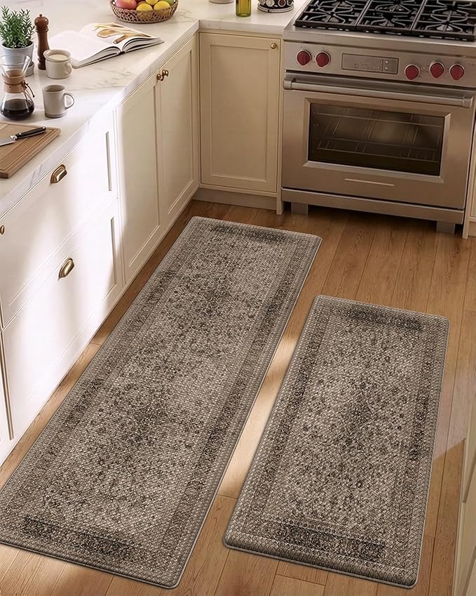 LUMI Anti-Fatigue Kitchen Floor Mats Set of 2,Cushioned Comfort Standing Rug Waterproof 2PCS, Non-Slip Ergonomic Foam Runner for Sink, Laundry, Office & Home,17x29+17x59,Khaki Garden