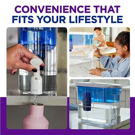 PUR 30-Cup Countertop Water Filter Dispenser, 1 Genuine PUR Filter, 2-in-1 Powerful Filtration, Lasts 2 Months or 40 Gallons, Dishwasher Safe, White/Blue (DS1800Z)