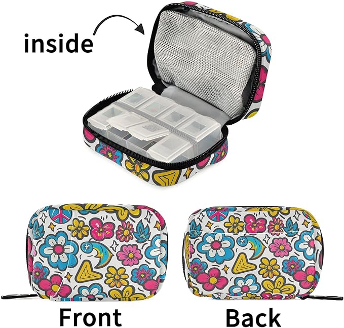 Cute Cartoon Flowers Travel Pill Case, Weekly Small Portable Pill Case 7 Days Vitamin Containers Organizer with Zipper