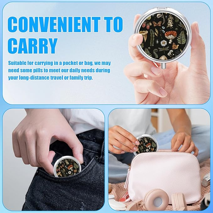 Black Mushroom Pill Case, Pill Box 3 Compartments Metal Small Pill Holder with Mirror Mini Travel Pill Container for Purse Pocket Women Men