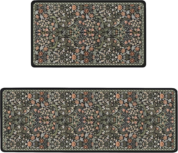 Anti Fatigue Kitchen Rugs Set of 2, Farmhouse Kitchen Mats for Floor, Rustic Kitchen Decor, Anti-Slip and Anti-Fatigue Foam Standing Mat,17x30 inch Sink Mat+17x48 inch Runner Rug Black