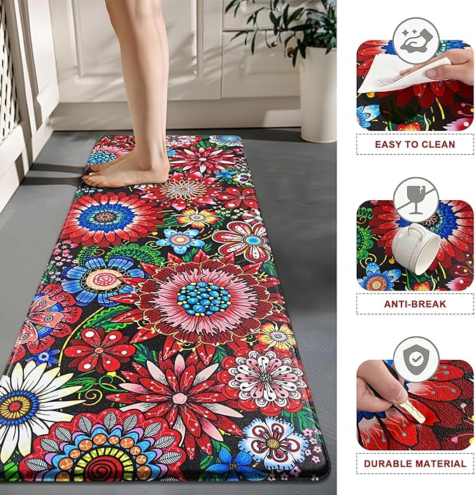 Likiyol Boho Kitchen Rugs Floral Kitchen Mats for Floor Bohemian Cushioned Anti Fatigue Mats for Kitchen Floor Non Slip Washable Kitchen Mat for Home, Sink, 18''x30''+18''x48''+18''x60'', Red