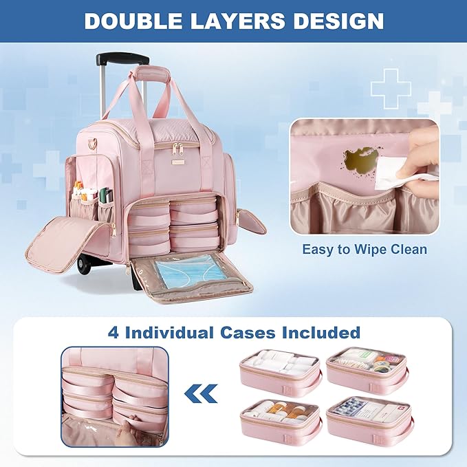 Rolling Medicine Bag for Travel, Large Pill Bottle Storage Bag on Wheels with 4 Cases and Detachable Trolley,Pink