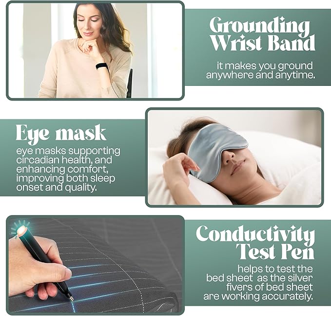 LuxeCraft Grounding Fitted Sheet – Organic Cotton & Silver Fiber | Breathable, Skin-Friendly | 15" Deep | Includes Tester Pen, Wristband, Eye Mask & Cord, King Size (Grey)