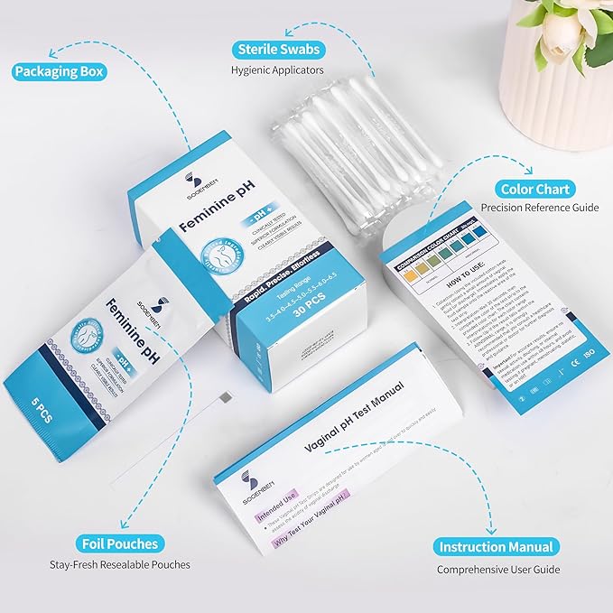 At-Home Vaginal pH Test Kit: 30 Strips + 30 Individually Wrapped Swabs - Fast & Accurate Feminine Health Monitoring for pH Balance, BV & Yeast Infection - Professional Grade