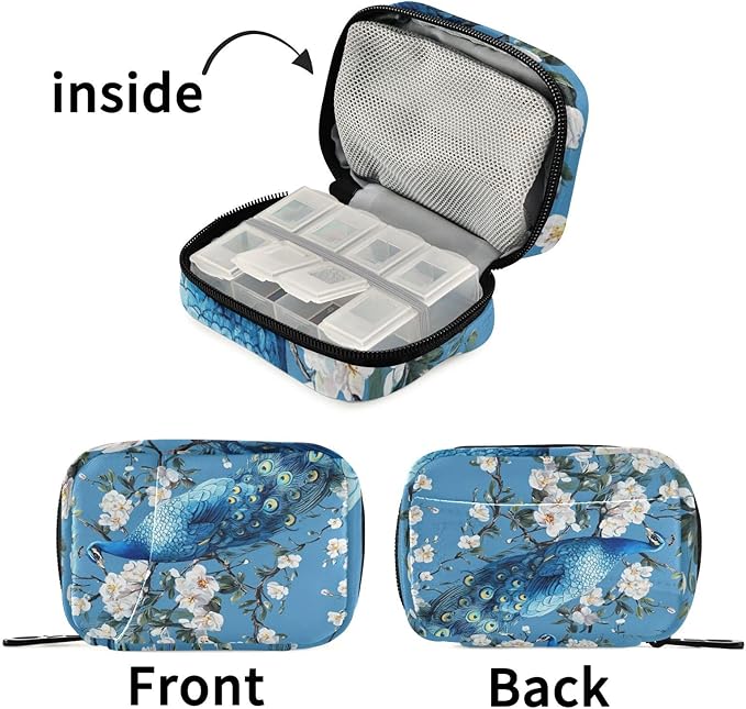 Blue Peacock Flower Travel Pill Organizer Case Box Container Weekly Portable Vitamin Medicine Holder Storage Bag with Zipper Removable